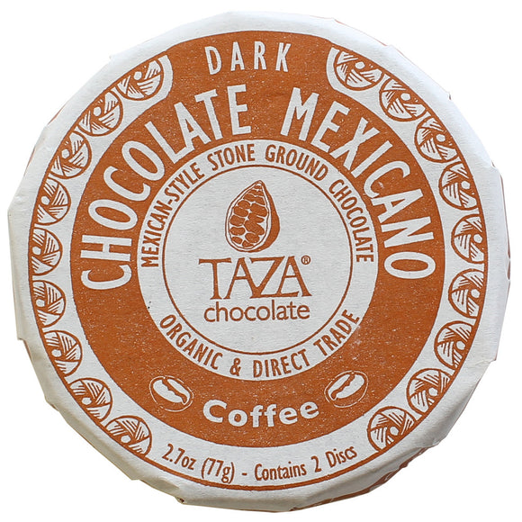 Coffee Disc. Mexican style Dark chocolate 55% with coffee. Two discs per pack. Certified Organic. Direct Trade. Gluten-Free. Kosher. Non-GMO. Brand: Taza, USA.