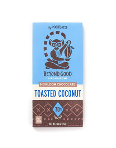The single origin Madagascar cocoa chocolate with crunchy pieces of toasted coconut. Brand: Beyond Good, Madagascar.