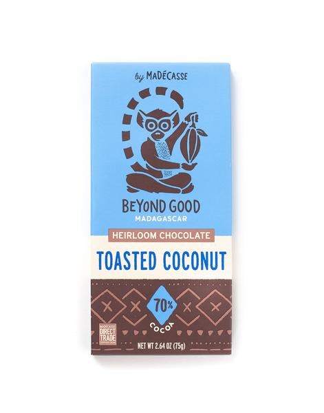 The single origin Madagascar cocoa chocolate with crunchy pieces of toasted coconut. Brand: Beyond Good, Madagascar.