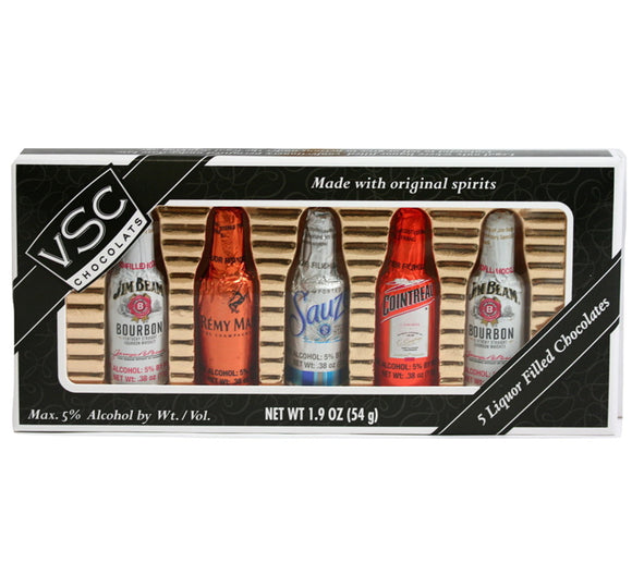 Liqueur-Filled Bottles 5pc Assortment box. Brand: Morris National, Canada.