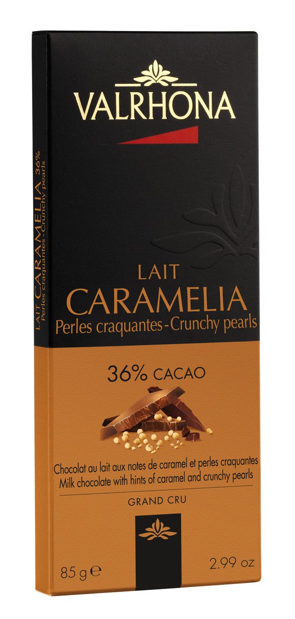 Caramelia with Crunchy Pearls Bar. Milk chocolate 36%. Kosher. Brand: Valrhona, France.