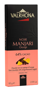 Manjari with Candied Orange Peel Bar. Dark chocolate 64%.Kosher. Brand: Valrhona, France.