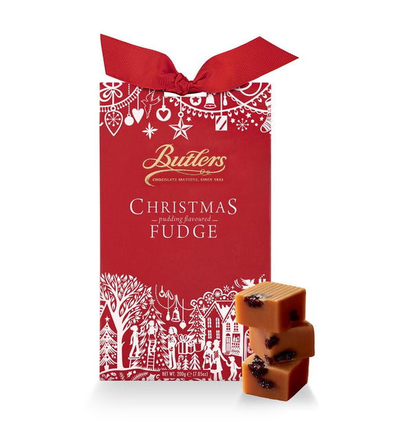 Fudge truffles with raisins. Packed in a gift box tied with a red ribbon. Brand: Butlers, Ireland.