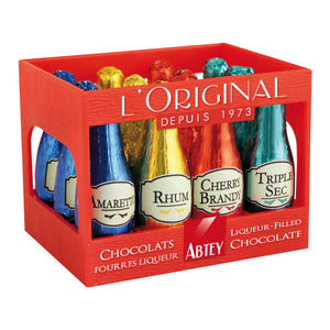 Assortment of 12 bottle shaped truffles filled with different fine spirits. Brand: Abtey, France