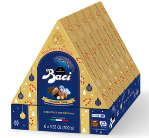 Italian chocolates filled with cream gianduja and chopped hazelnuts. Packed in a Christmas Tree shaped box. Brand: Baci Perugina, Italy.