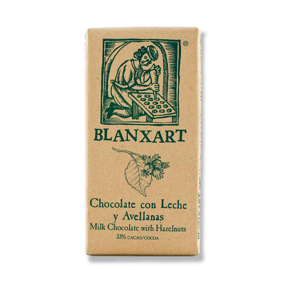 Milk chocolate with roasted genuine Spanish hazelnuts. Brand: Blanxart, Spain.