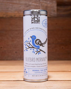 Bluebird Morning - 6 Tea Bag Tin - Herbal Blend. Organic Certified. Caffeine Free. Brand: Flying Bird Botanicals, USA.