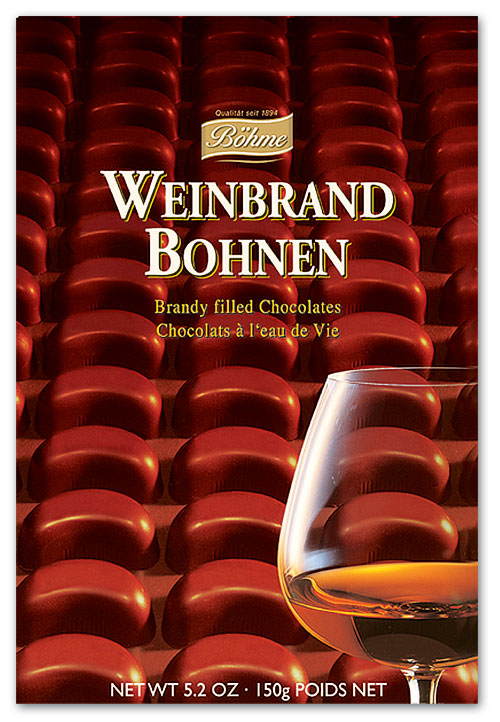 Chocolate Brandy Beans. Dark chocolate filled with brandy. Brand: Bohme, Germany.