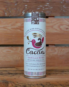 Vanilla Rose Cacao - Drinking Chocolate Tin. Organic Certified. Brand: Flying Bird Botanicals, USA.