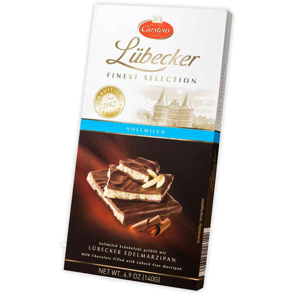 High almond content marzipan milk chocolate bar. Brand: Carstens, Germany.