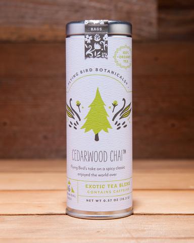 Cedarwood Chai - 6 Tea Bag Tin - Exotic Blend. Organic Certified. Caffeinated. Brand: Flying Bird Botanicals, USA.