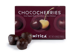 ChocoCherries Box. Cherries dipped in dark chocolate 55%. Brand: Caro, Spain.