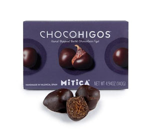 ChocoHigos Box. Dried Pajarero figs dipped in dark 55% chocolate. Brand: Caro, Spain.