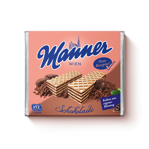 Chocolate Creme Wafers. Made with smooth, silky chocolate. Sustainably sourced cocoa and palm ingredients. Brand: Manner, Austria.