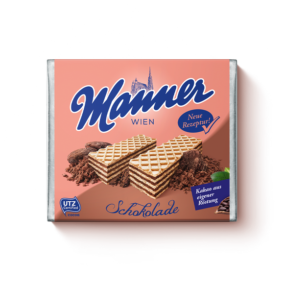 Chocolate Creme Wafers. Made with smooth, silky chocolate. Sustainably sourced cocoa and palm ingredients. Brand: Manner, Austria.