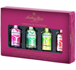 Dark Chocolate Cocktail-Filled Bottles 4pc Assortment box. GMO free. Brand: Anthon Berg, Denmark.