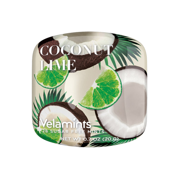 Coconut Lime Mints Tin. Sugar-free flavorful breath fresheners. GMO and Gluten Free. No Artificial Flavors and Colors. Brand: Velamints, Canada.