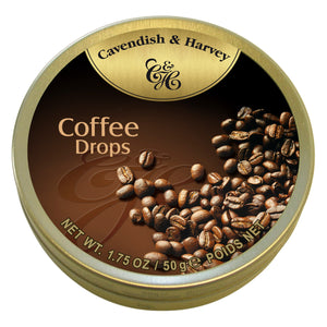 Coffee Deluxe Drops Tin Small. Kosher. Gluten Free. Preservatives Free. Brand: Cavendish & Harvey, Germany.