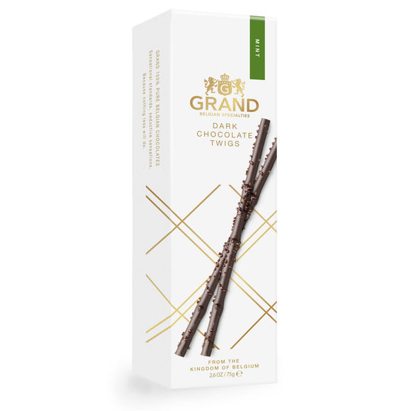 Dark Chocolate Mint Twigs Box. Belgian mint flavored dark chocolate. Brand: Grand, Belgium.