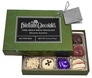 Discoveries Premier Assortment Gift Box - 12 Piece. Assortment of dark, milk, and white chocolate. All natural. Brand: Dilettante, USA.