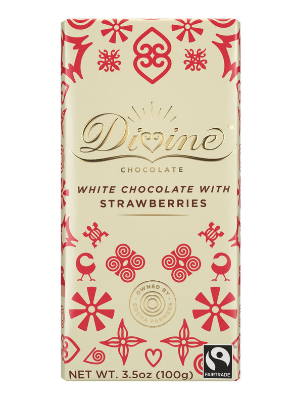 Chocolate bar with crunchy pieces of real strawberry crisp. Brand: Divine, UK/USA.