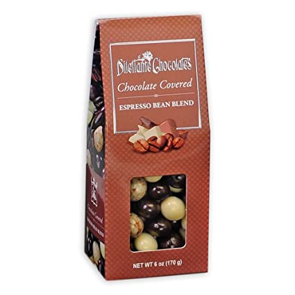 Espresso beans covered in chocolate Packed in a tent box. Brand: Dilettante, USA.