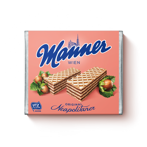 Hazelnut Creme Wafers. Made with hazelnut cream. Sustainably sourced cocoa and palm ingredients. Brand: Manner, Austria.