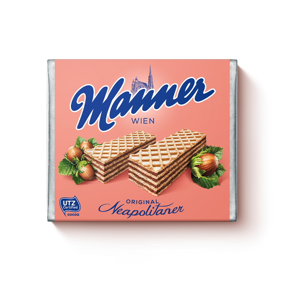 Hazelnut Creme Wafers. Made with hazelnut cream. Sustainably sourced cocoa and palm ingredients. Brand: Manner, Austria.