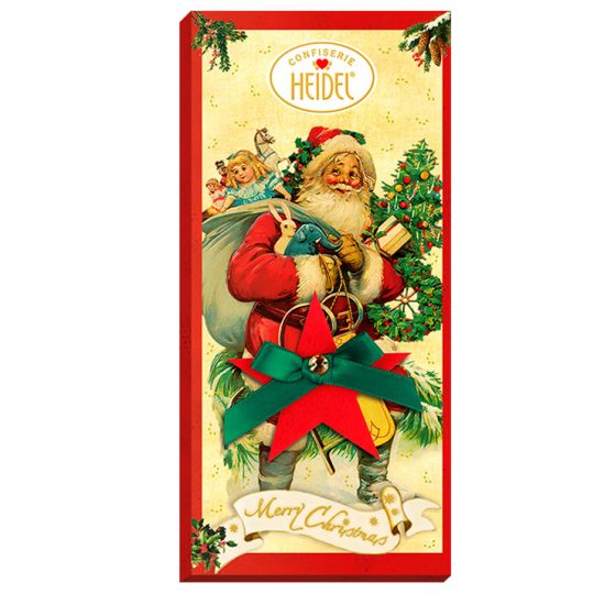 Christmas Greetings Nostalgia Milk Chocolate Bar. Christmas theme packaging featuring Santa carrying gifts. Brand: Heidel, Germany.