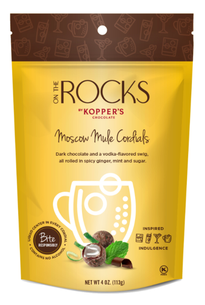 On the Rocks Moscow Mule Cordials. Dark chocolate and fair trade cocoa. Vodka flavored center in a spicy-sweet ginger mint coating. Brand: Kopper’s, USA.