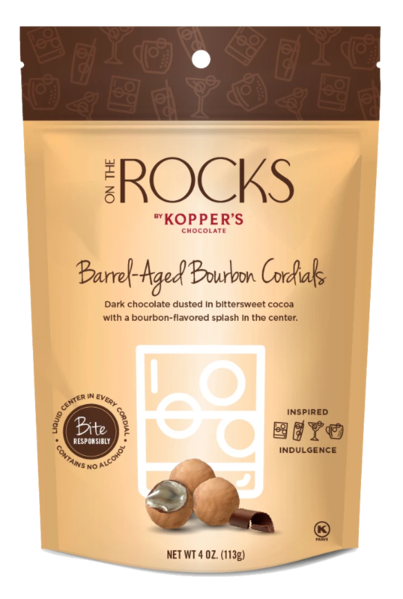 Bite size bourbon flavored cocoa dusted chocolates. Brand: Kopper’s, USA.