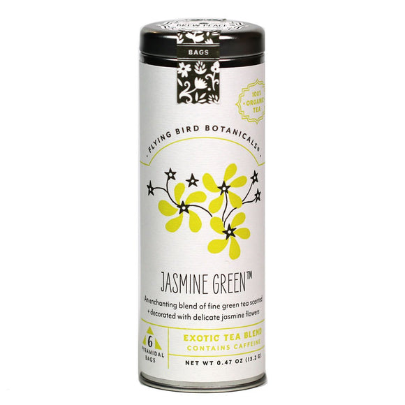 Flying Bird Botanicals Jasmine Green - 6 Tea Bag Tin - Exotic Blend. Organic Certified.