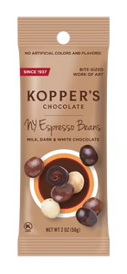 Coffee beans covered in chocolate in a small snack bag. Brand: Kopper’s, USA.