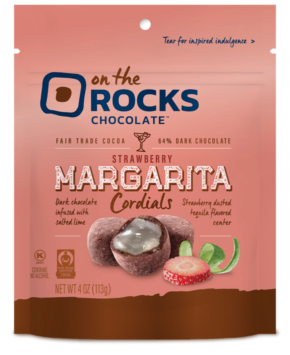 On the Rocks Strawberry Margarita Cordials. Dark chocolate and fair trade cocoa. Tequila flavored center, salted lime infusion, and strawberry dusting. Brand: Kopper’s, USA.
