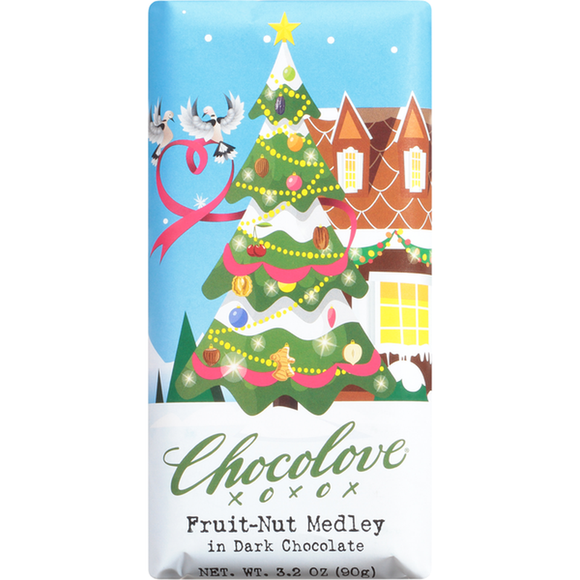 Holiday edition of fruits and nuts flavored chocolate bar. Brand: Chocolove, USA.