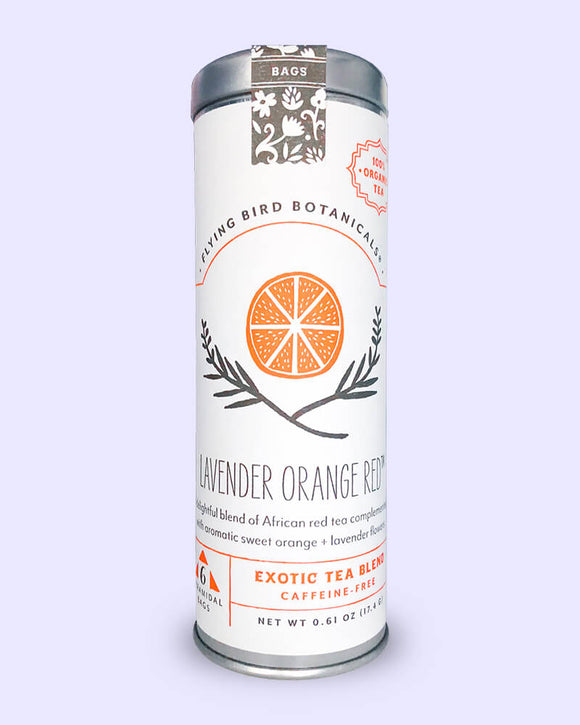 Lavender Orange Red- 6 Tea Bag Tin - Exotic Blend. Organic Certified. Caffeine Free. Brand: Flying Bird Botanicals, USA.