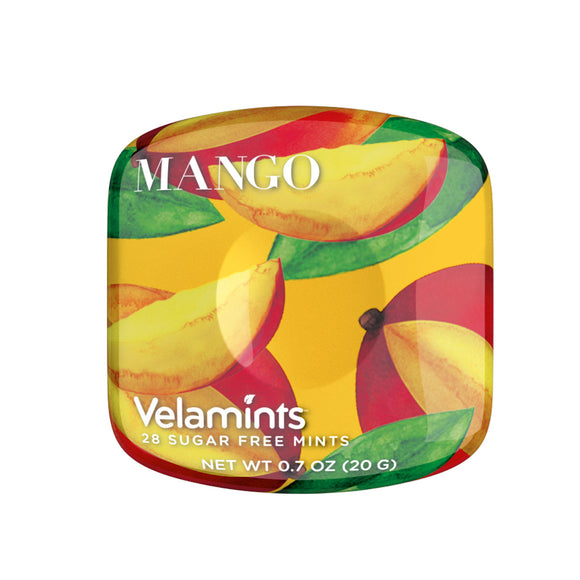 Mango Mints Tin. Sugar-free flavorful breath fresheners. GMO and Gluten Free. No Artificial Flavors and Colors. Brand: Velamints, Canada.