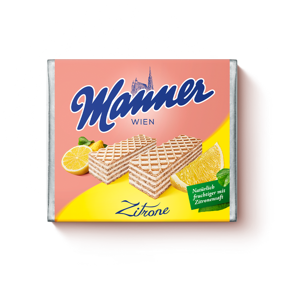 Hazelnut Creme Wafers. Made with tangy lemon cream. Sustainably sourced cocoa and palm ingredients. Brand: Manner, Austria.