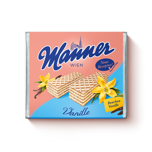 Vanilla Creme Wafers. Made with delicate vanilla cream. Sustainably sourced cocoa and palm ingredients. Brand: Manner, Austria.