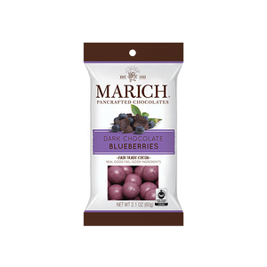 Dark Chocolate Blueberries Bag. Blueberries panned in a thin layer of blueberry flavored white chocolate and in rich dark chocolate. Brand: Marich, USA.