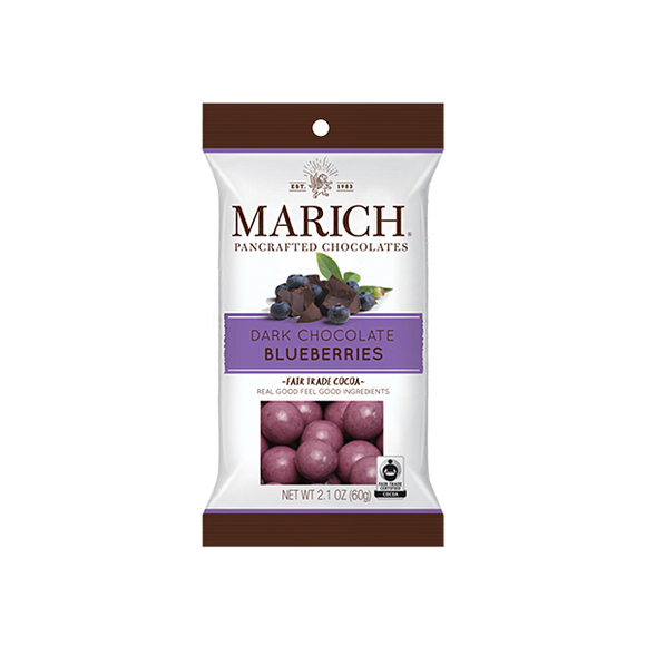 Dark Chocolate Blueberries Bag. Blueberries panned in a thin layer of blueberry flavored white chocolate and in rich dark chocolate. Brand: Marich, USA.
