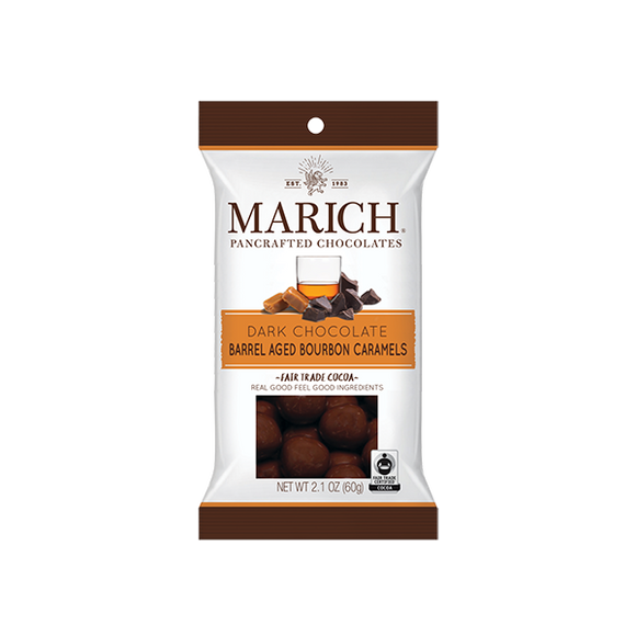 Dark Chocolate Barrel Aged Bourbon Caramels Bag. Caramels in rich dark chocolate. Flavored with bourbon. Brand: Marich, USA.