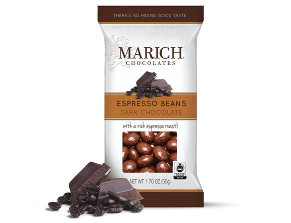 Dark Chocolate Espresso Beans Bag. Fair Trade espresso beans panned in dark chocolate. Brand: Marich, USA.