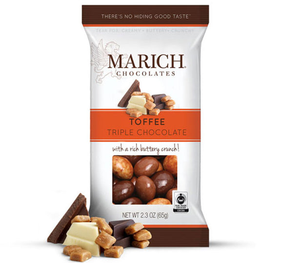 Triple Chocolate Toffee Bag. California chopped almonds in dark chocolate, milk chocolate and a marbled dark and white chocolate. Brand: Marich, USA.