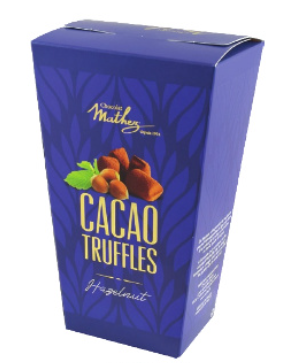 Truffles with roasted hazelnut flakes packed in a gift box. Brand: Chocolat Mathez, France.