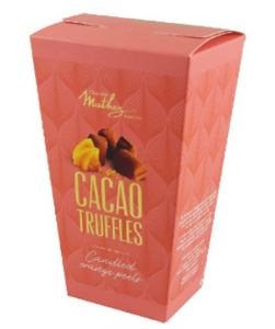 French truffles with candied orange peel in a gift box. Brand: Chocolat Mathez, France.