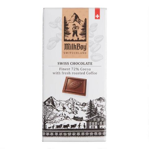 Dark Chocolate 72% Cocoa Fresh Roasted Coffee Bar. Made with alpine milk and coffee. All natural ingredients. Kosher. Gluten free. Non-GMO. Brand: MilkBoy, Switzerland.