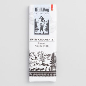 Finest Alpine Milk Chocolate Mini Bar. Best quality milk and finest quality cocoa. All natural ingredients. Kosher. Gluten free. Non-GMO. Brand: MilkBoy, Switzerland.