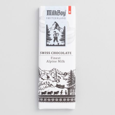 Finest Alpine Milk Chocolate Mini Bar. Best quality milk and finest quality cocoa. All natural ingredients. Kosher. Gluten free. Non-GMO. Brand: MilkBoy, Switzerland.