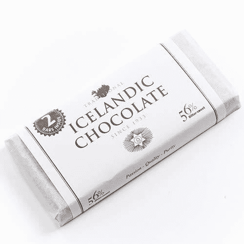 Dark Chocolate Bittersweet 2-pack Bar. Icelandic dark chocolate 56%. Dairy free. Brand: Noi Sirius, Iceland.